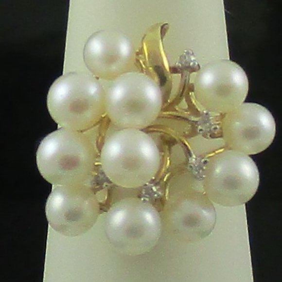 14K Gold Cultured Freshwater Pearl & Diamond Spray Ring - Size 5 - Picture 1 of 7